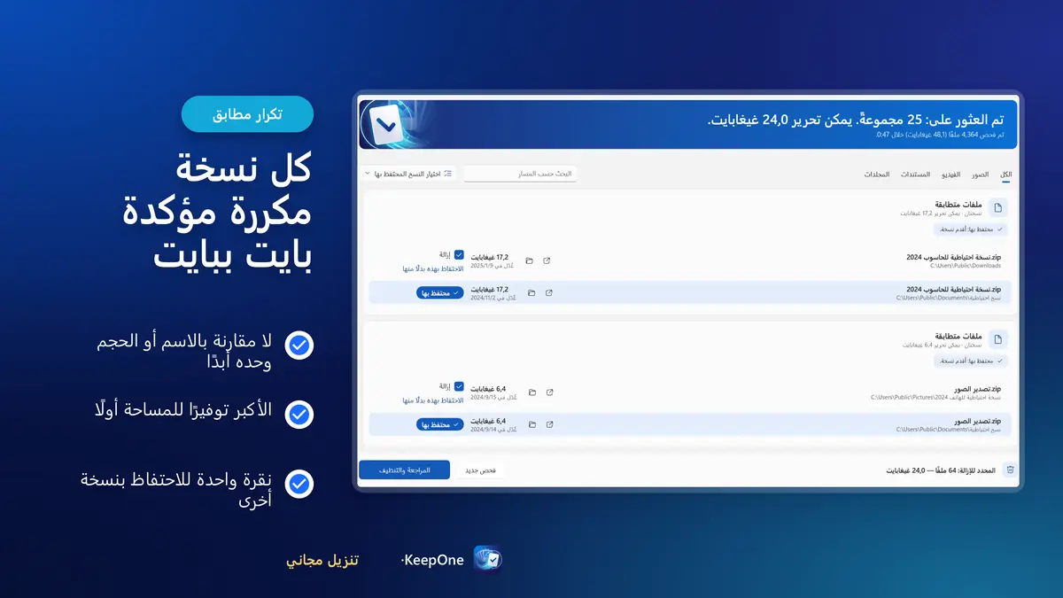 كل تكرار مؤكد بايت ببايت، والأكبر توفيرًا أولًا