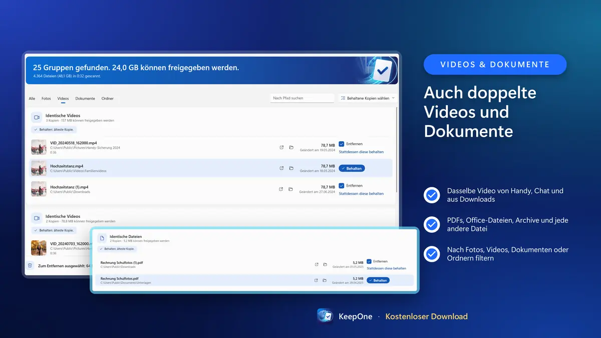 Auch doppelte Videos und Dokumente finden