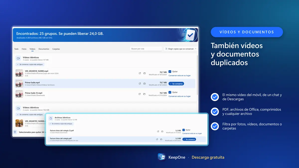Encuentra también vídeos y documentos duplicados