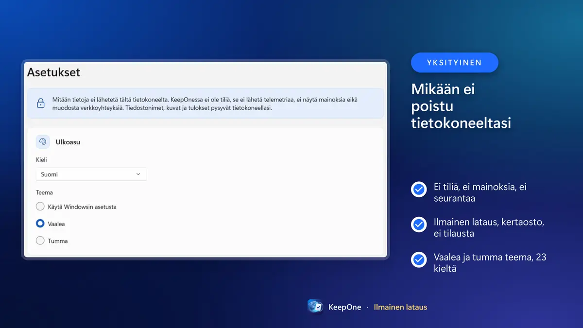 Yksityinen: ei tiliä, ei mainoksia, mikään ei poistu tietokoneeltasi