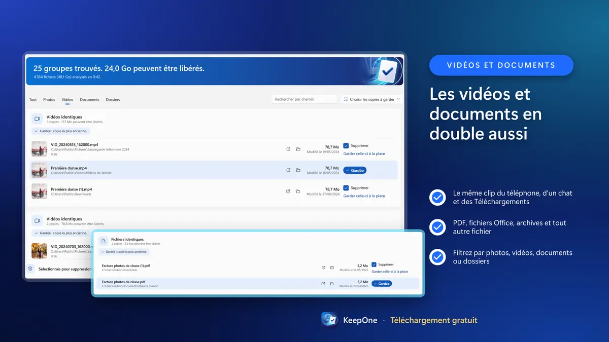 Trouvez aussi les vidéos et documents en double