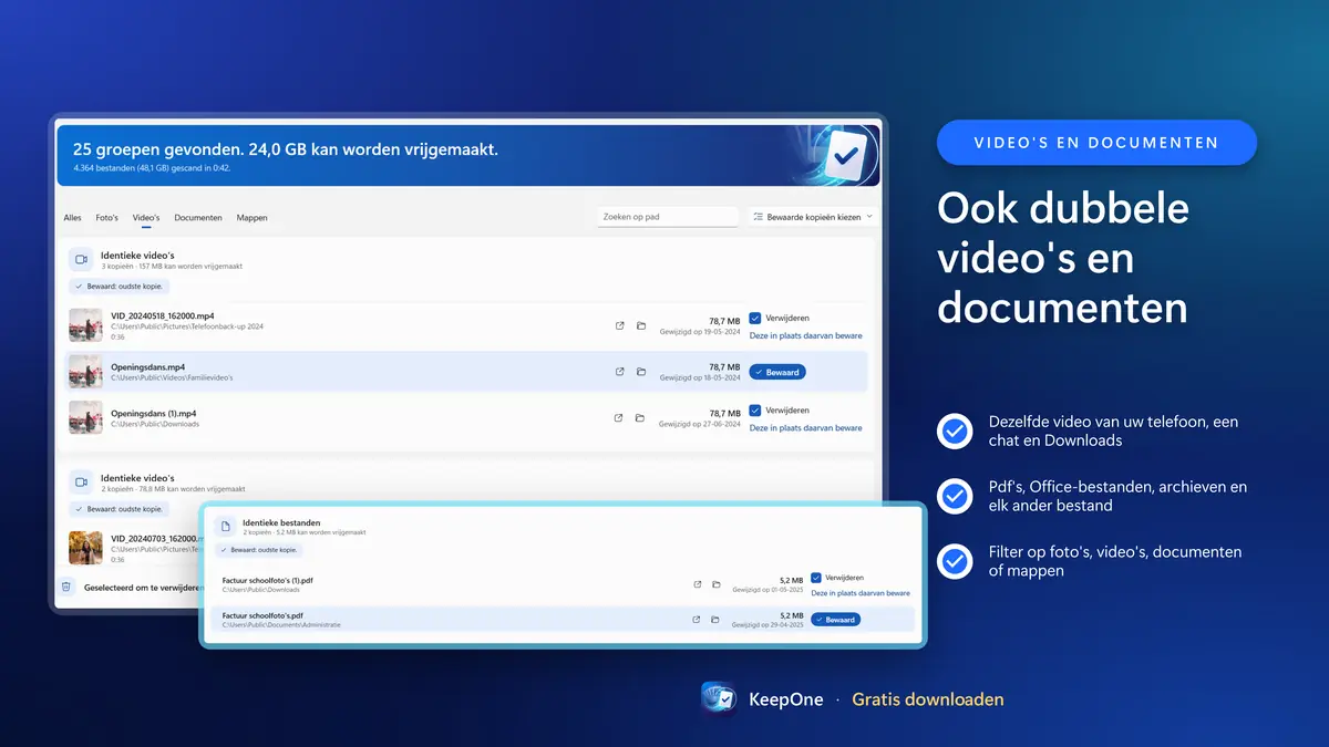 Vind ook dubbele video's en documenten
