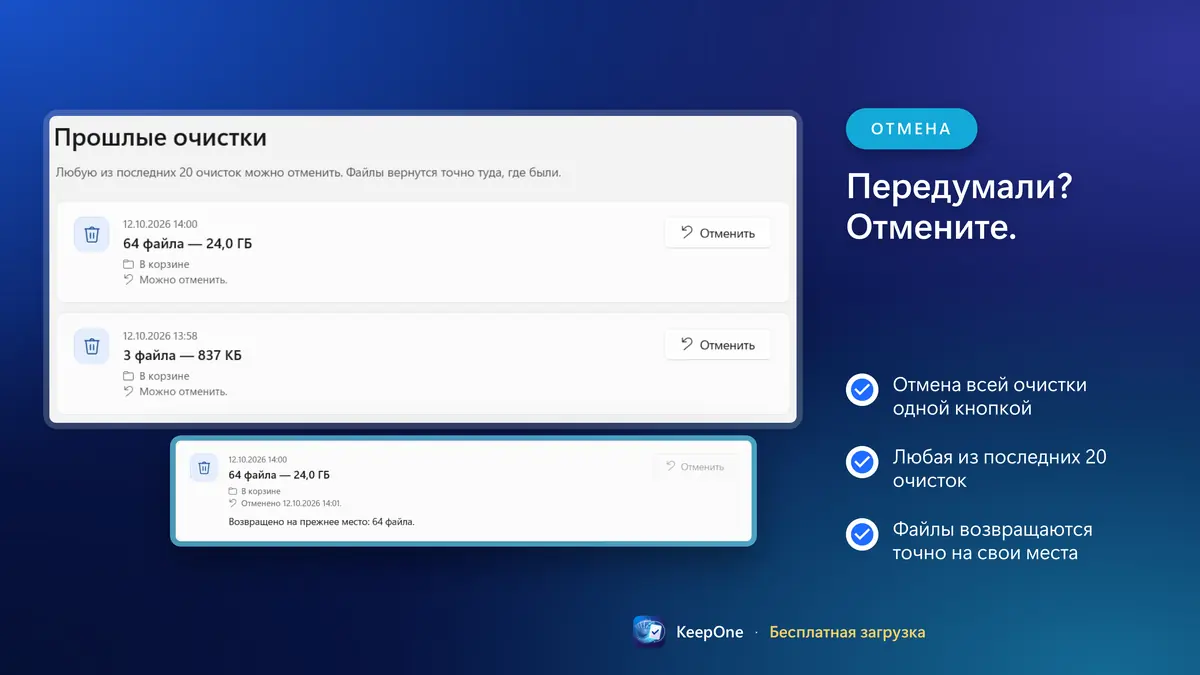 Передумали? Отмените любую из последних 20 очисток