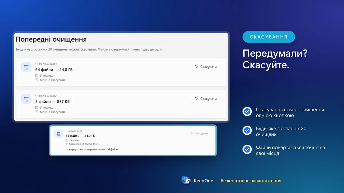 Передумали? Скасуйте будь-яке з останніх 20 очищень