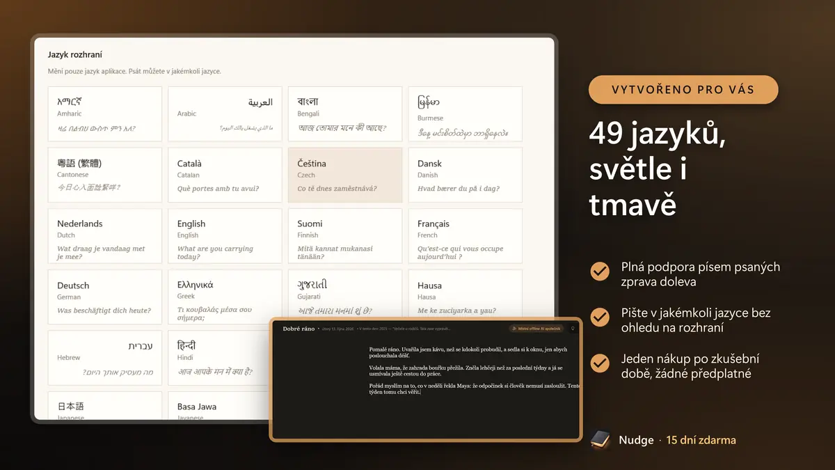49 jazyků, světle i tmavě