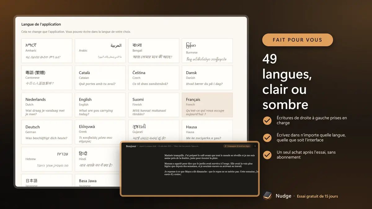 49 langues, clair ou sombre