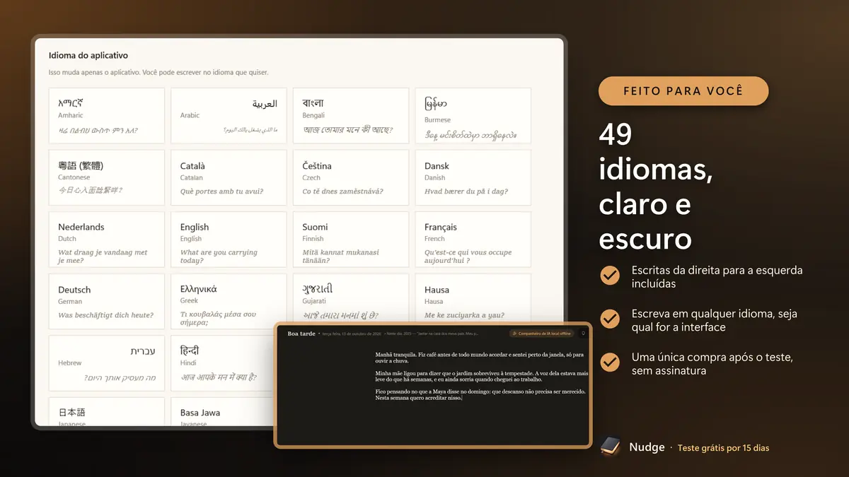 49 idiomas, claro e escuro