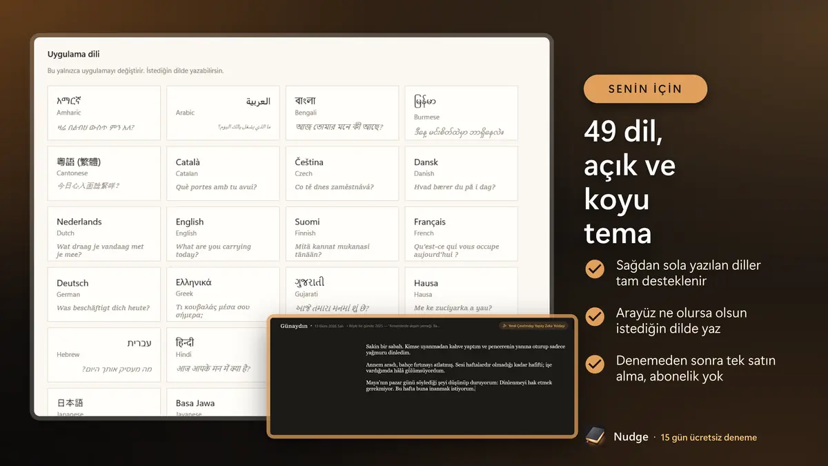 49 dil, açık ve koyu tema