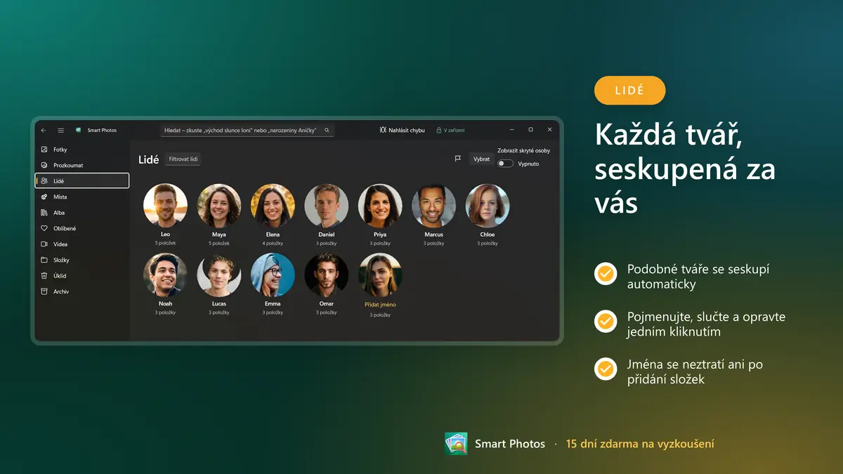 Každá tvář seskupená a připravená k pojmenování