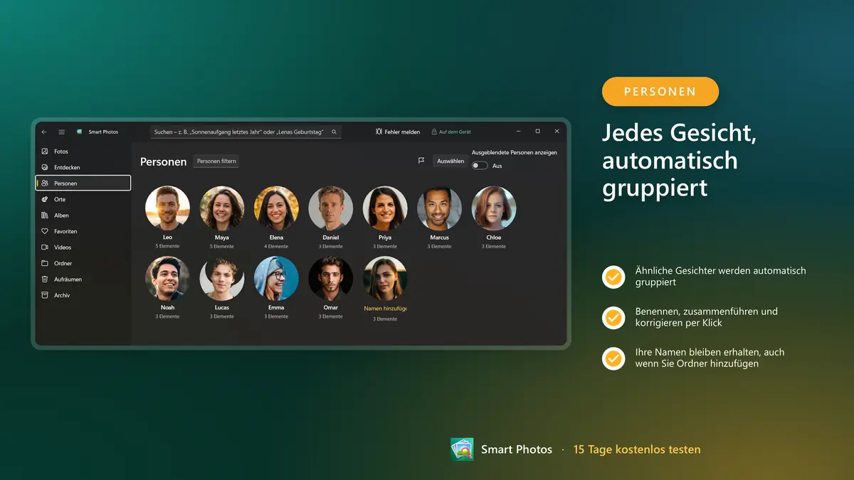 Jedes Gesicht automatisch gruppiert, bereit zum Benennen
