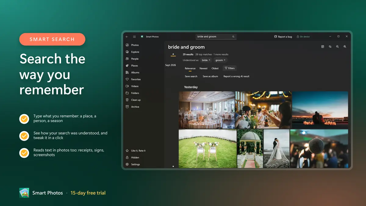 Search the way you remember: places, people, seasons and text in photos