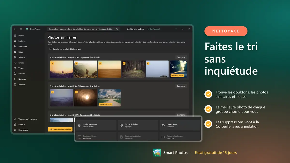 Trouvez doublons et photos floues, avec annulation