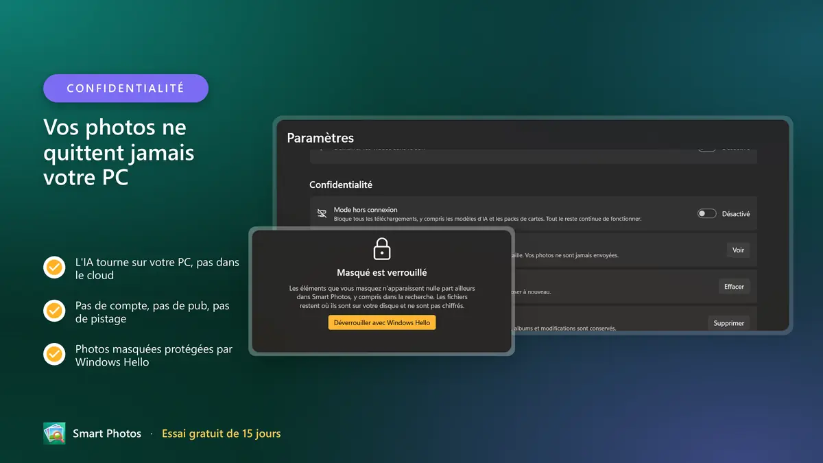 Privé par conception : sans compte, sans cloud, sans pistage