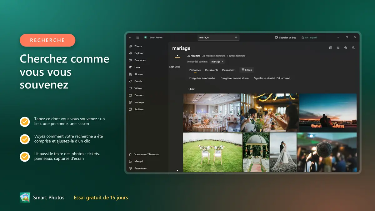 Cherchez comme vous vous souvenez : lieux, personnes, saisons et texte des photos