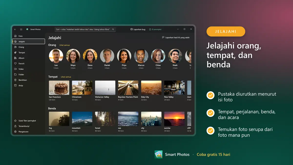 Jelajahi pustaka menurut orang, tempat, dan benda