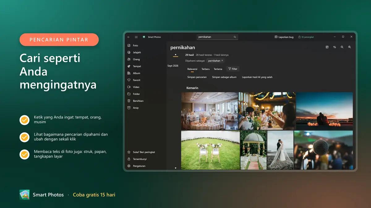 Cari seperti Anda mengingatnya: tempat, orang, musim, dan teks di foto