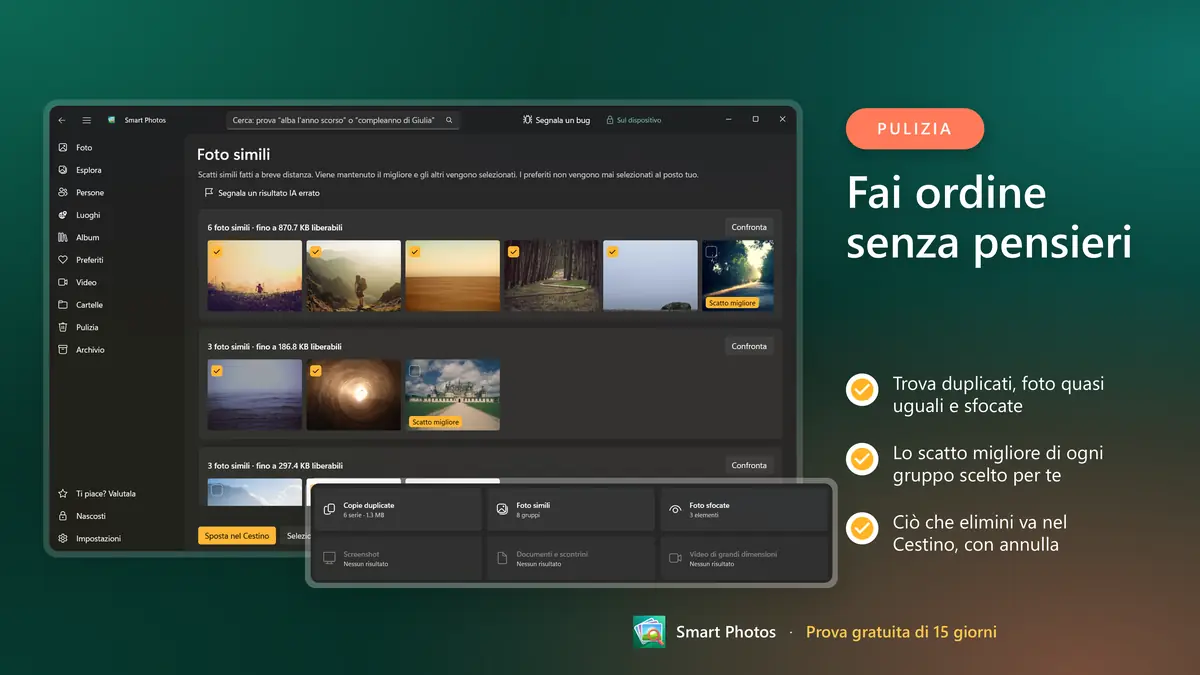 Trova duplicati e foto sfocate, con annulla