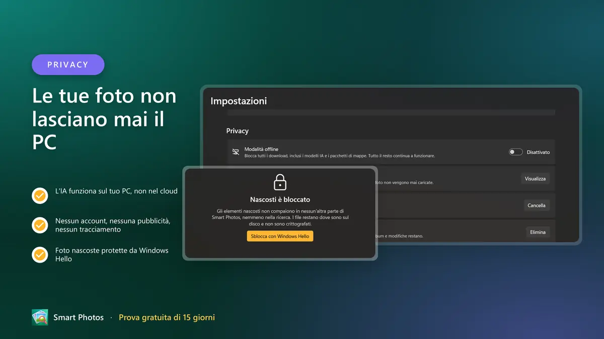 Privacy by design: nessun account, nessun cloud, nessun tracciamento
