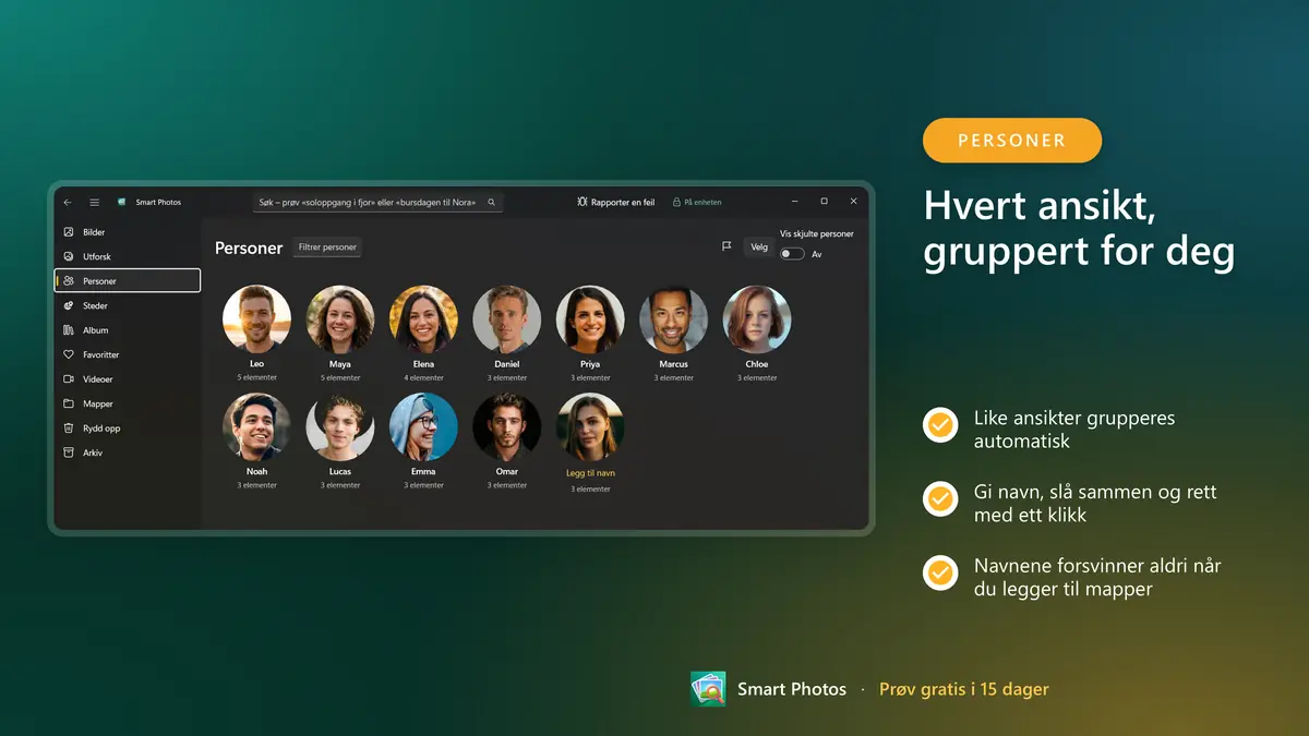 Hvert ansikt gruppert og klart for et navn