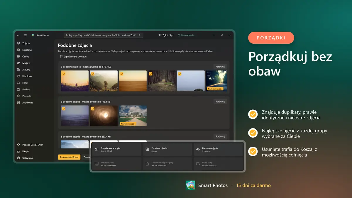 Znajdź duplikaty i nieostre zdjęcia, z cofaniem