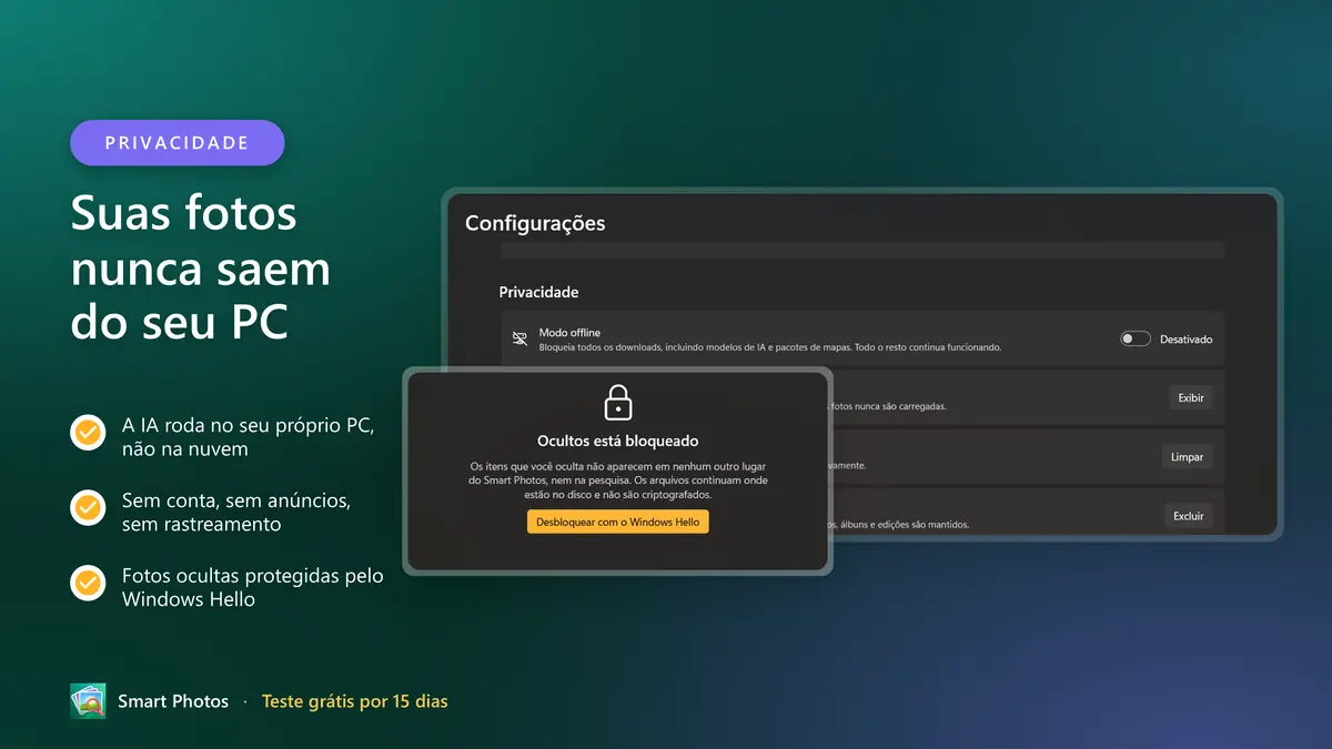 Privado desde a concepção: sem conta, sem nuvem, sem rastreamento
