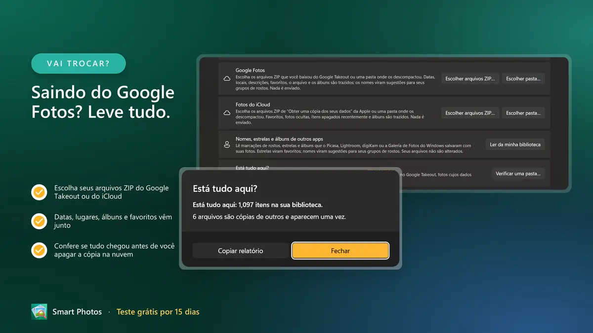 Saindo do Google Fotos? Traga seu Takeout com datas, álbuns e favoritos