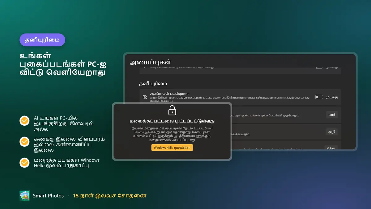 அடிப்படையிலேயே தனியுரிமை: கணக்கு, கிளவுட், கண்காணிப்பு இல்லை