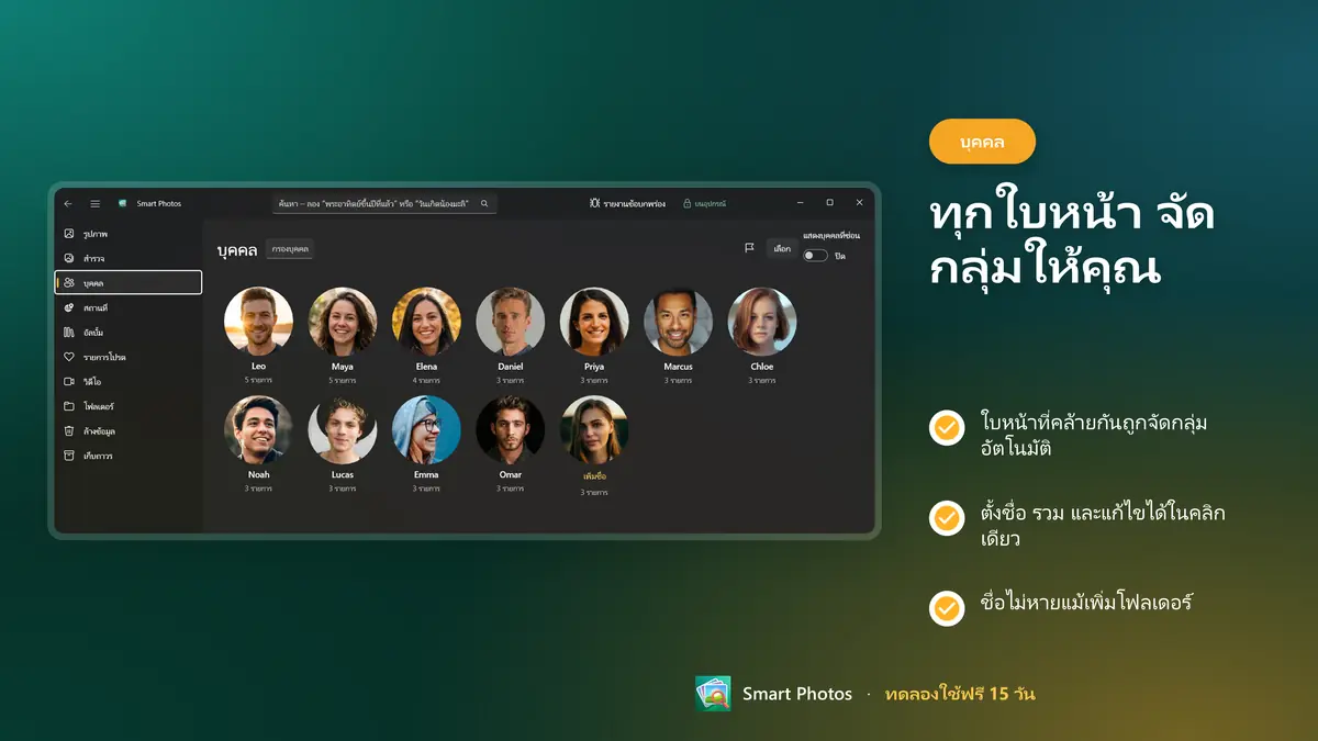 ทุกใบหน้าจัดกลุ่มไว้ พร้อมตั้งชื่อ