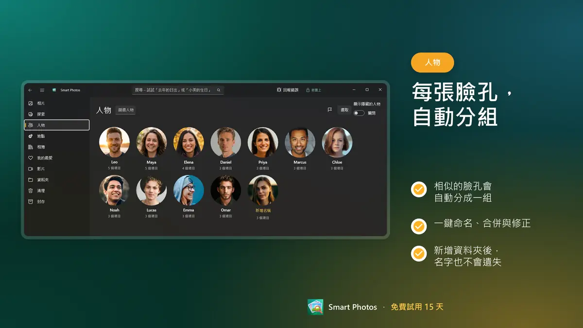 每張臉孔自動分組，隨時命名