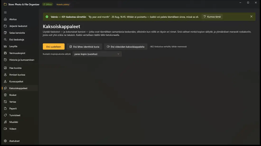 Kaksoiskappaleet, myös kokonaiset kansiot